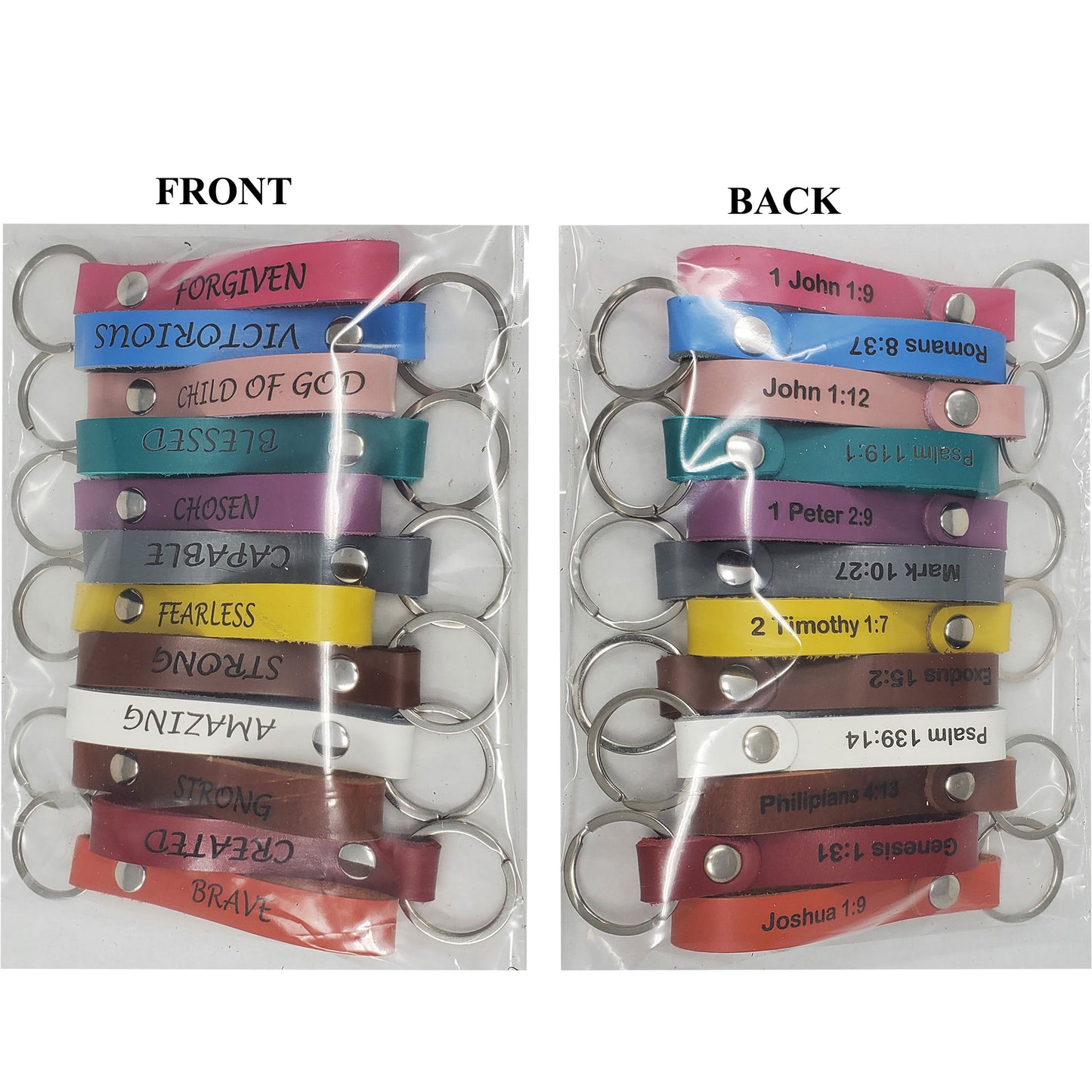 Pack of 12 Bible Verse Leather keychains laser engraved