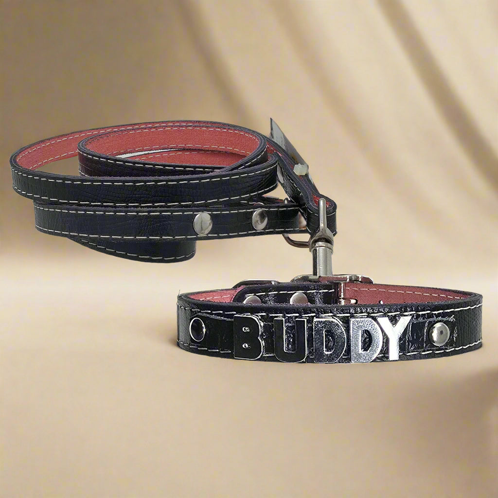 Personalized leather dog collar black for small breeds with matching leather leash