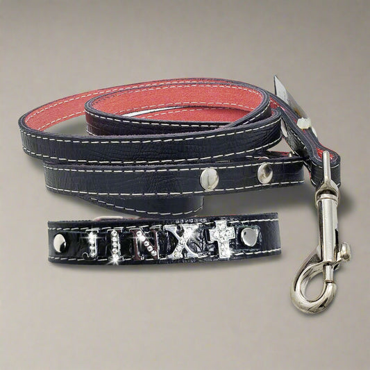Matching black leather collar-leash set in nice lizard designed leather