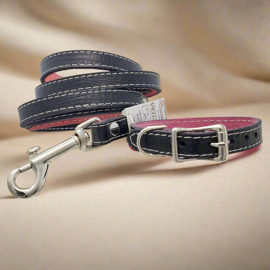 Matching leather leash in black color 1/2 inch wide, up to 5' long