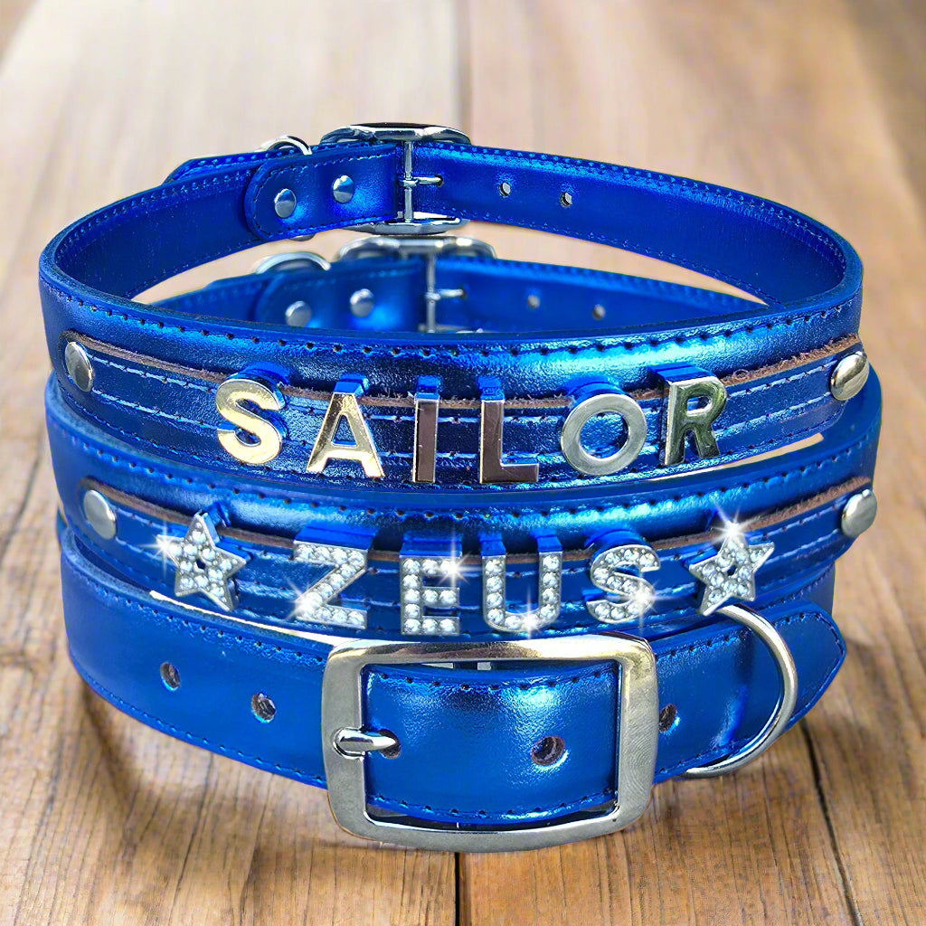 Large leather dog collar in metallic blue leather color, personalized with rhinestones and chrome letters