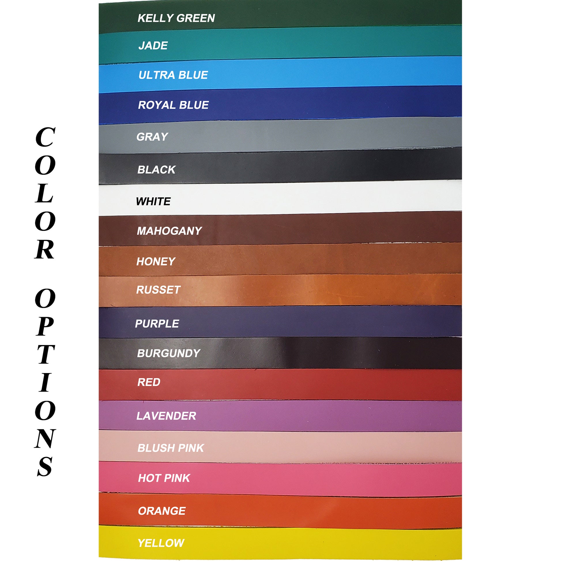 Color options for 1/4 inch thick leather laces in 18 vibrant shades including Kelly Green, Jade, Ultra Blue, Royal Blue, Gray, Black, White, Mahogany, Honey, Russet, Purple, Burgundy, Red, Lavender, Blush Pink, Hot Pink, Orange, and Yellow.