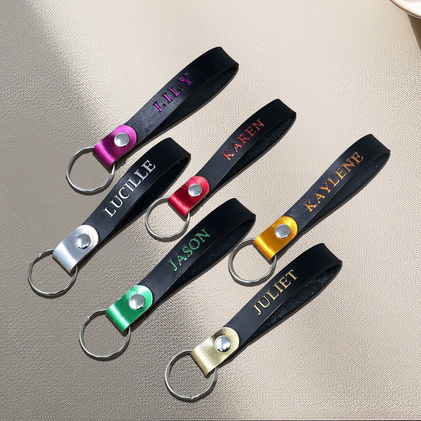 Personalized Leather Keychain – Custom Name Keyring Gift-Metallic Leather Loops