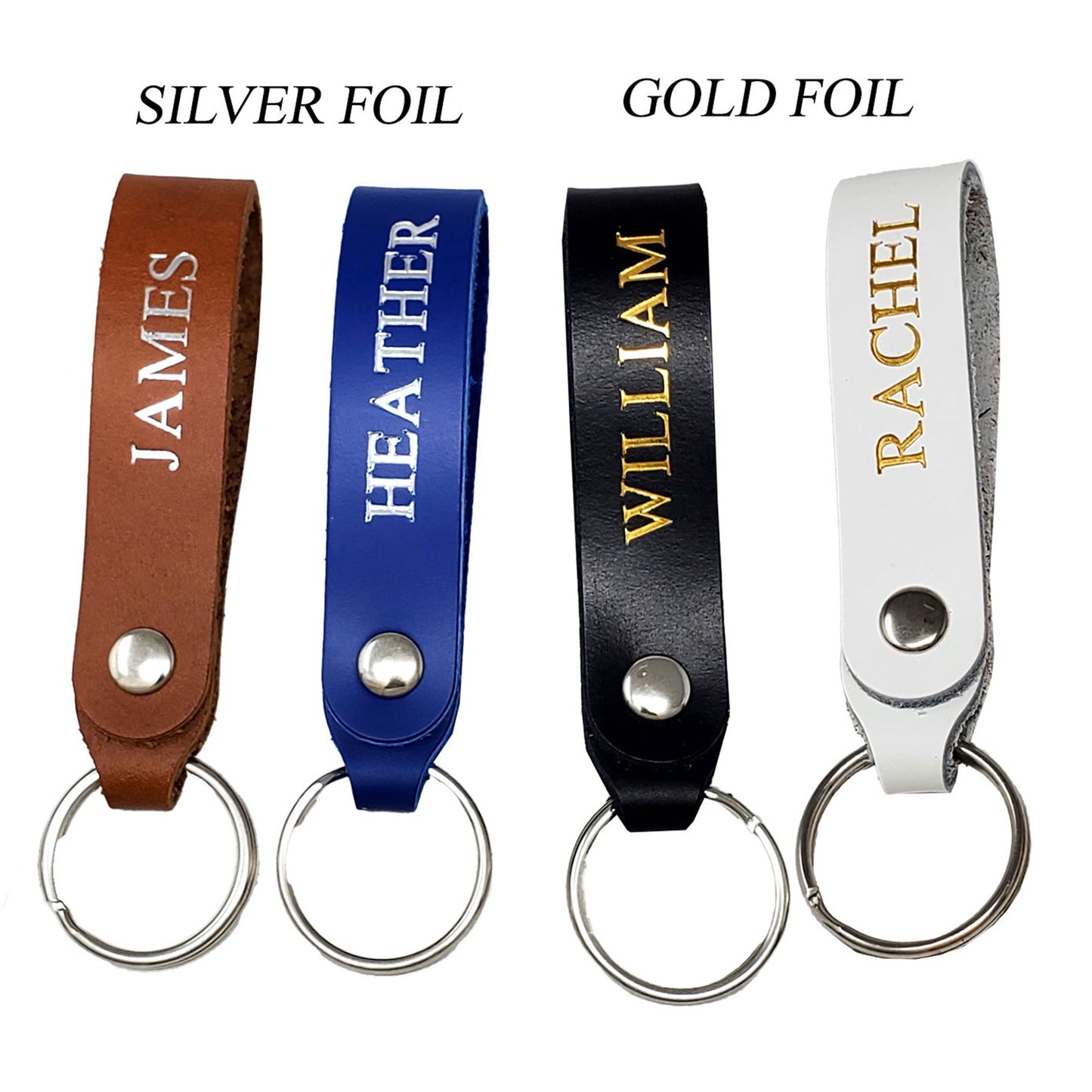 Handmade Personalized Leather Keychain – Custom Full Grain Leather Key Ring with Name or Initials, Embossed or Foil Stamped in Gold/Silve