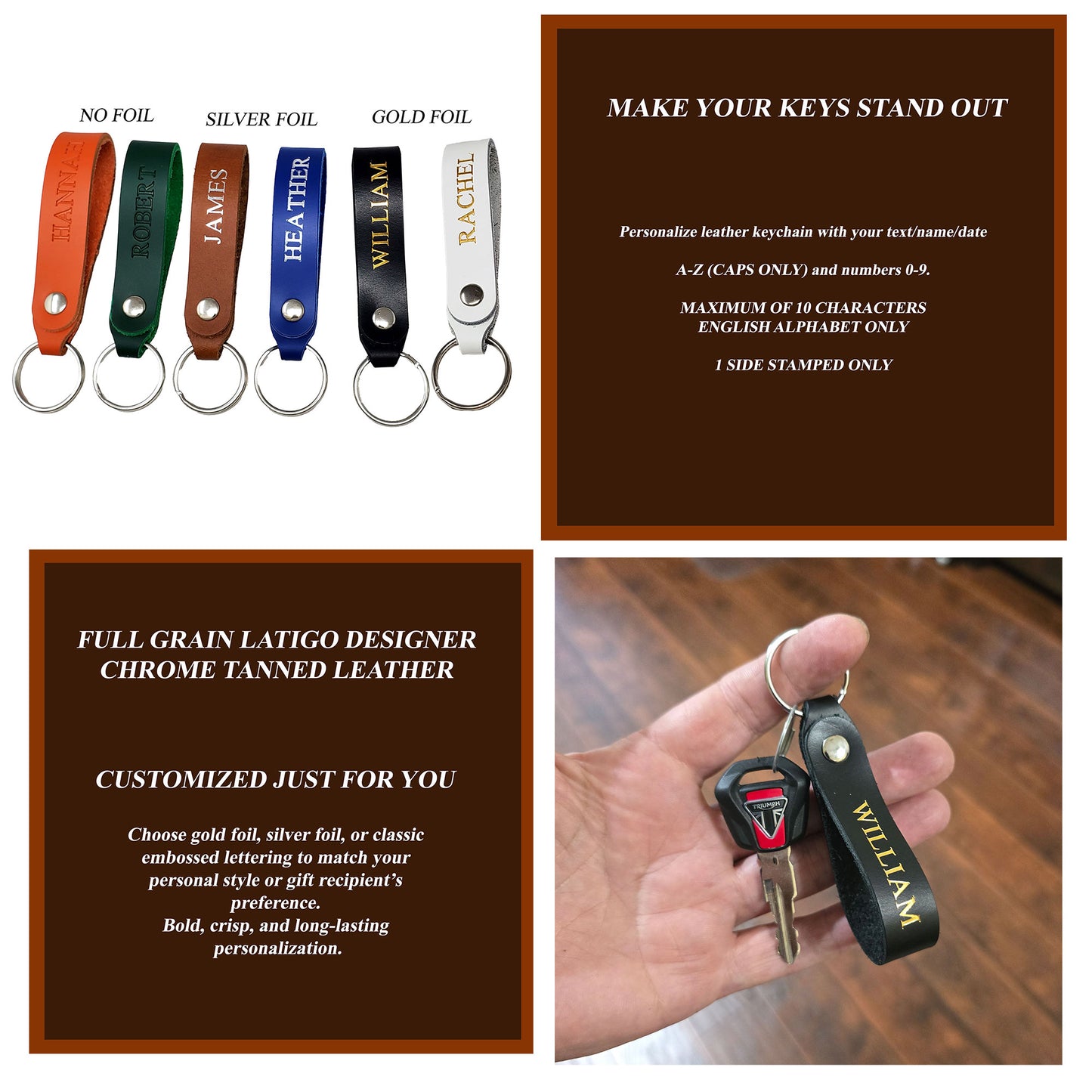 Handmade Personalized Leather Keychain – Custom Full Grain Leather Key Ring with Name or Initials, Embossed or Foil Stamped in Gold/Silve