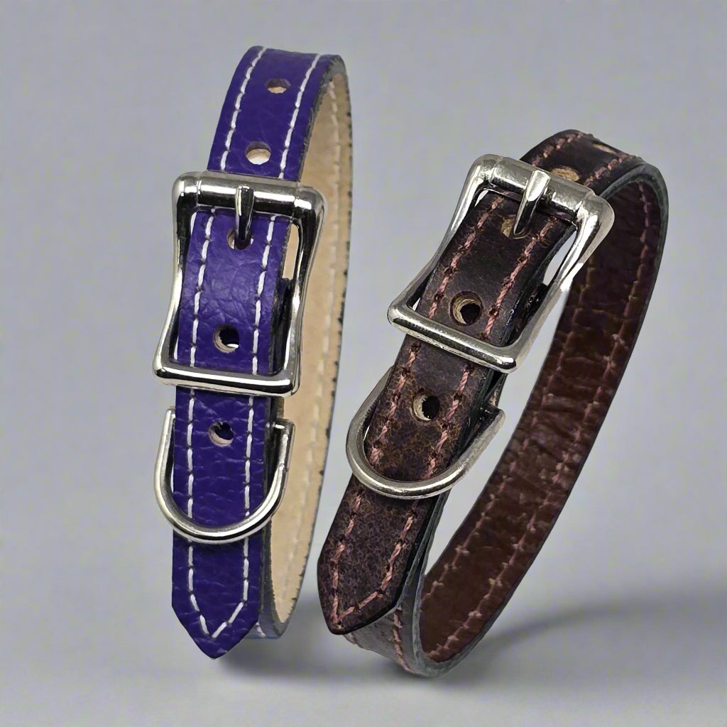 Lightweight designer leather puppy collars with adjustable fit, perfect for small and medium breed puppies.