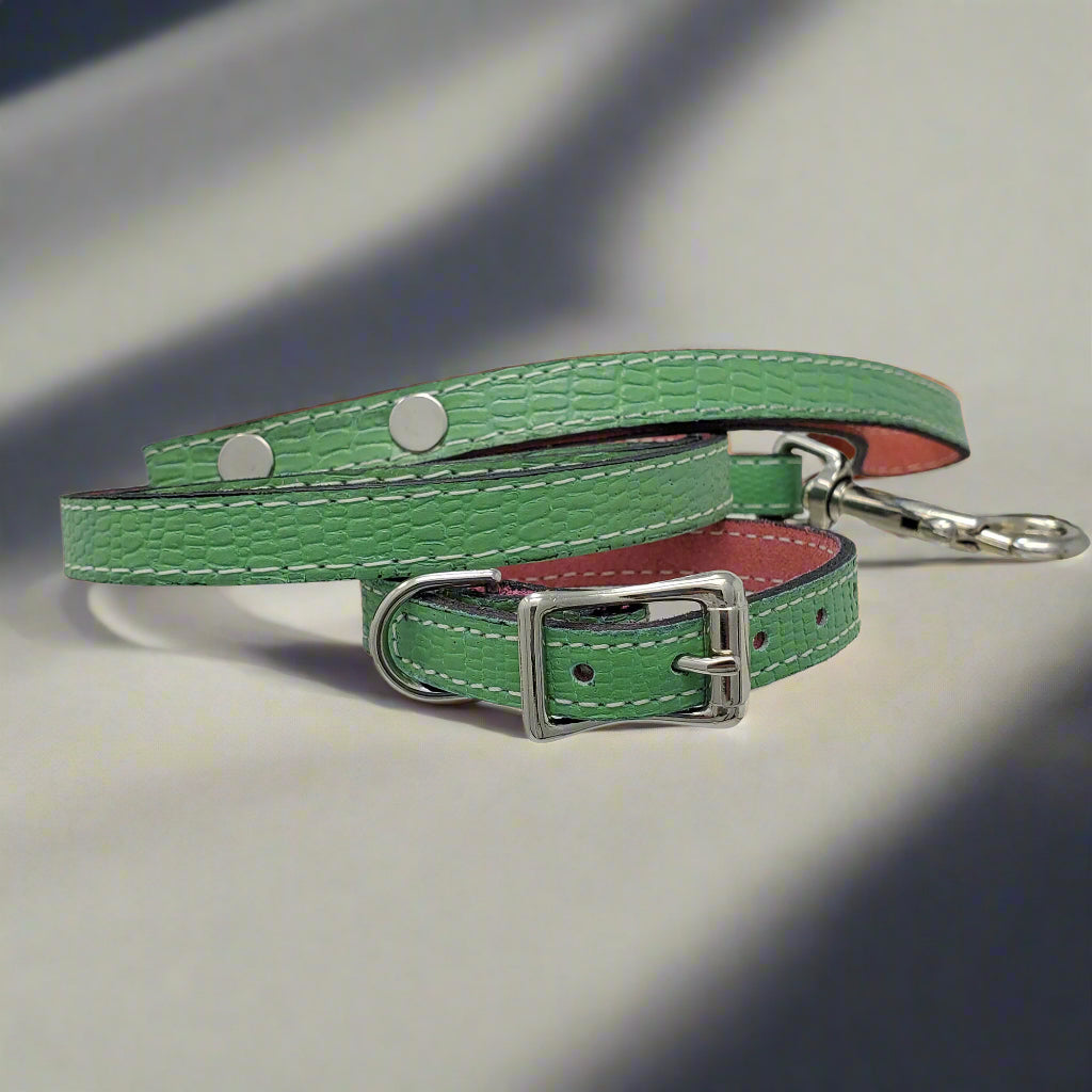 Green leather leash to match small leather dog collars lizard design