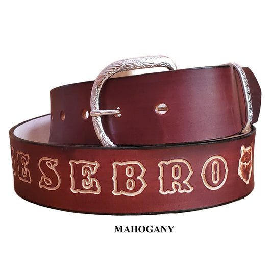 Handmade leather belts for man personalized with name in beautiful mahogany color