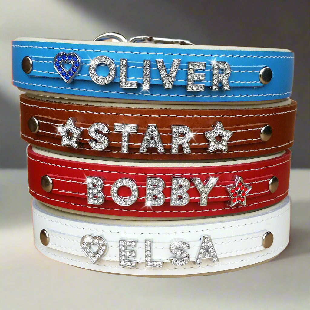 Padded leather dog collars with rhinestone-embellished letters and charms, designed especially for large dog breed