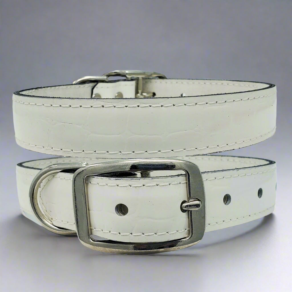 Glossy white leather dog collar for large breeds, featuring double bar silver buckle and elegant design.