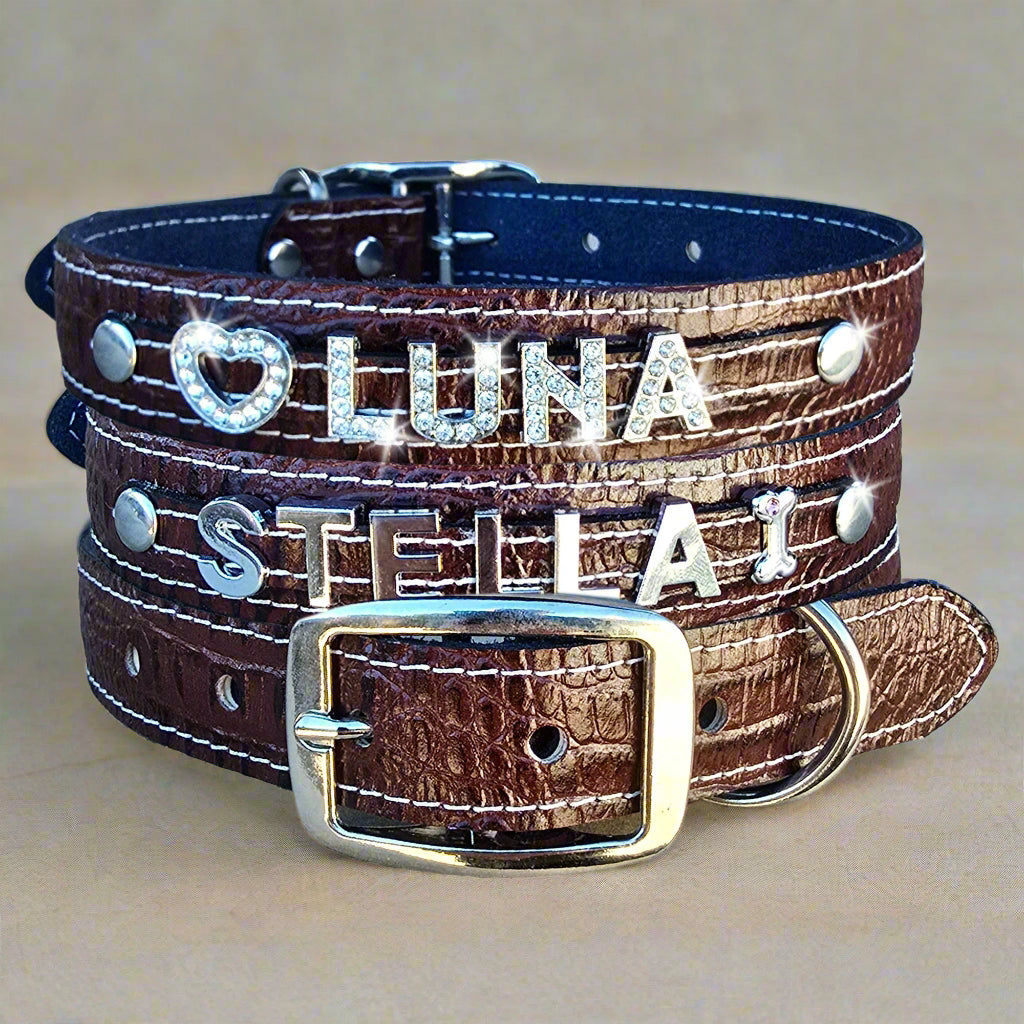 Large dog collars made from quality brown croco leather with rhinestone slide letters and charms, blending style and functionality