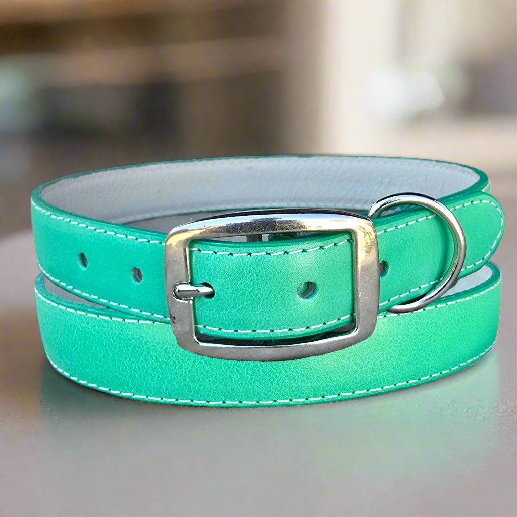 Leather dog collar 1 inch wide in nice light green color, designed especially for large size dog breeds