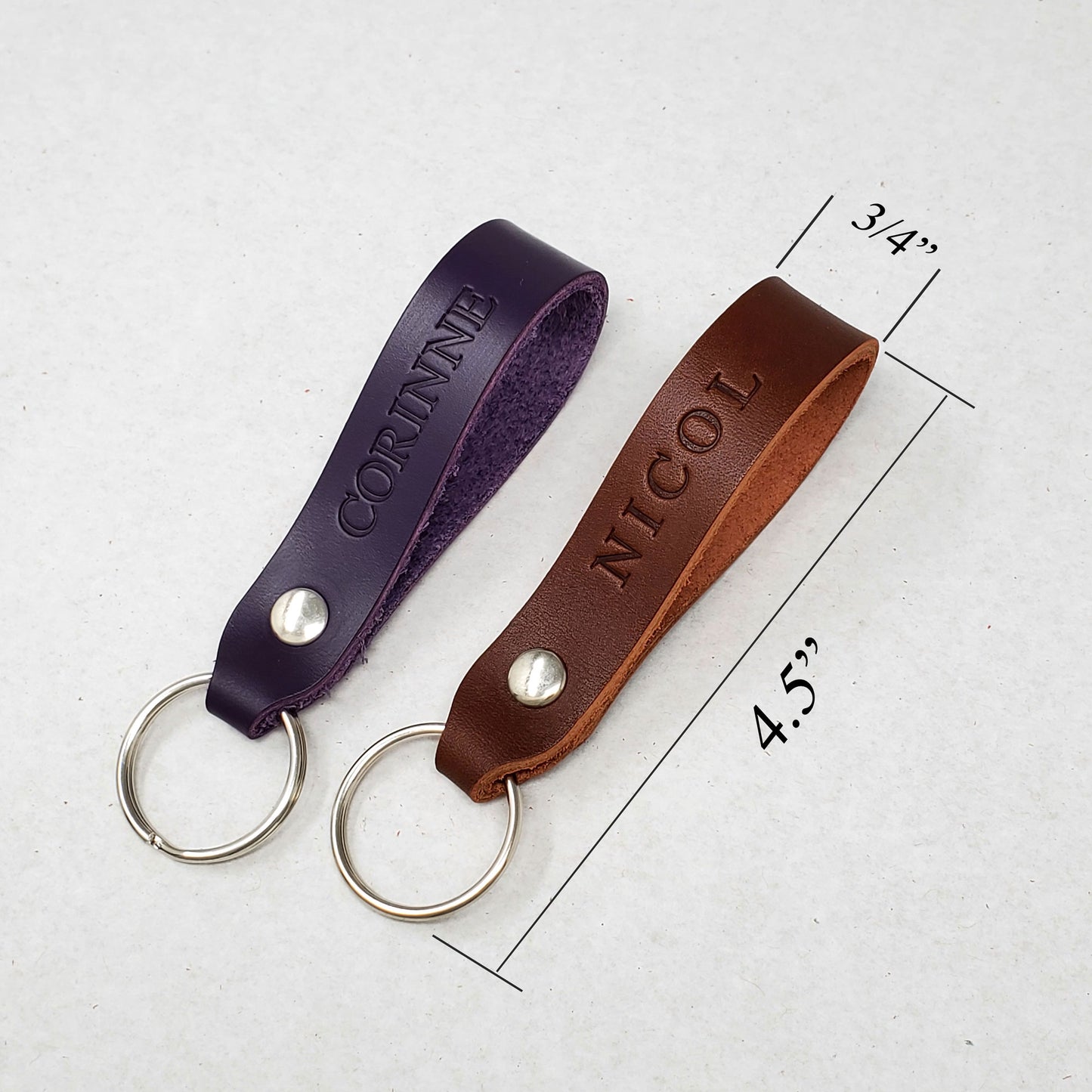 Handmade Personalized Leather Keychain – Custom Full Grain Leather Key Ring with Name or Initials, Embossed or Foil Stamped in Gold/Silve