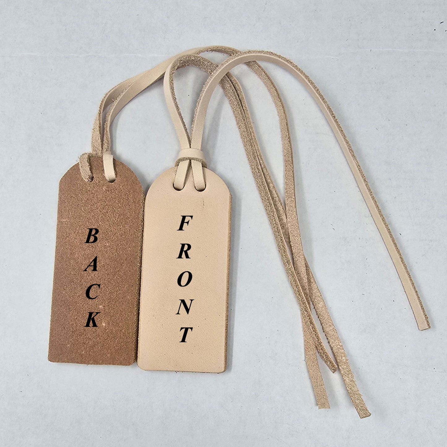 Leather luggage tags front and back view