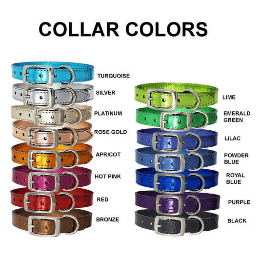 Small metallic leather dog collars in many bright leather colors adjustable with double bar buckle