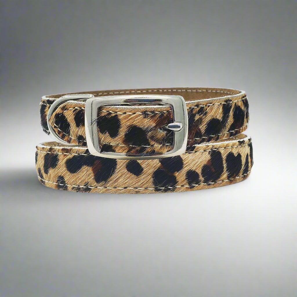 Medium Leather Dog Collars- Leopard Print. Unique Hair-on Collar designed for medium dog breeds