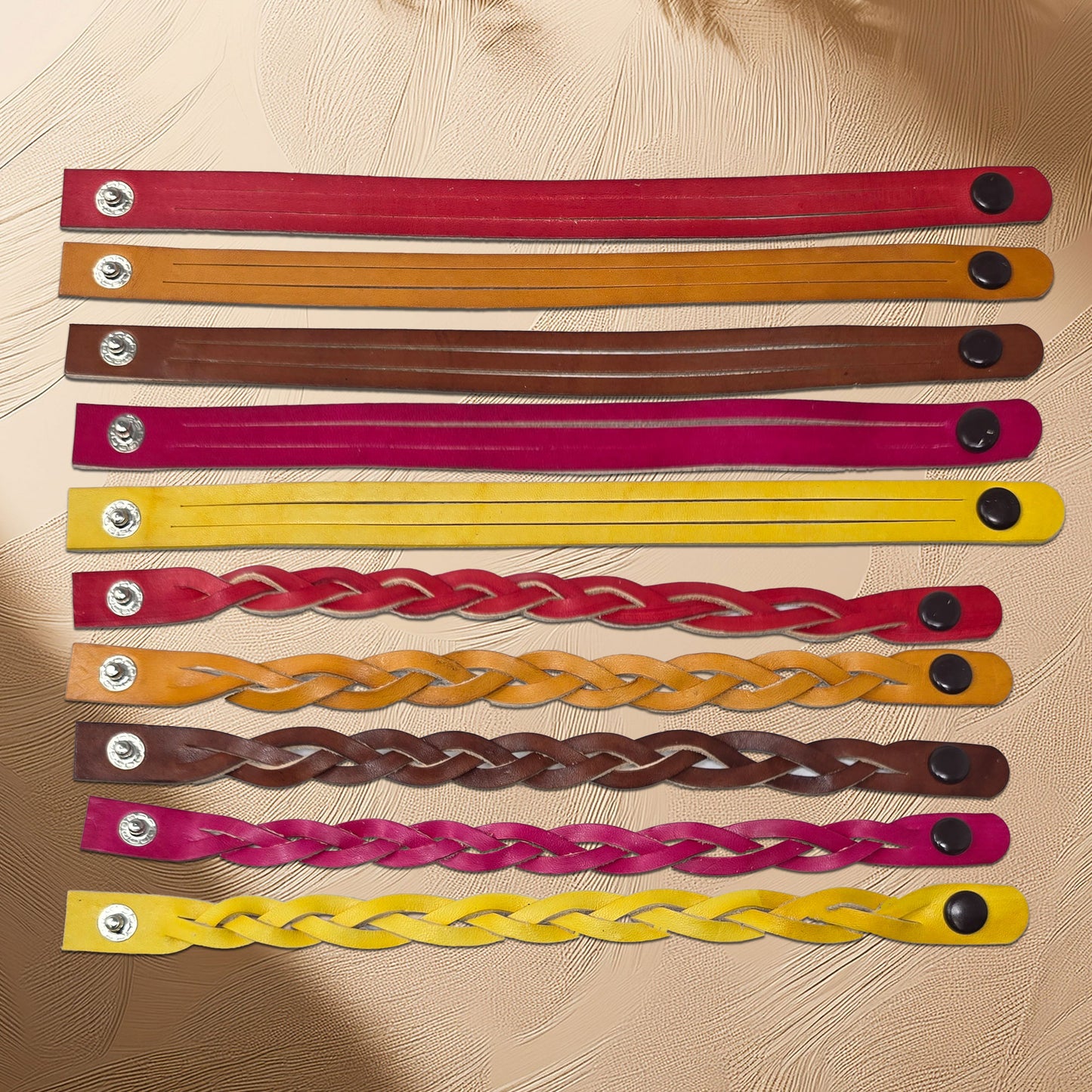 Close-up of hand dyed mystery braid leather bracelets in 10 dye colors.