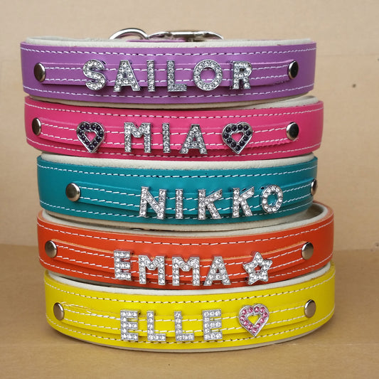 Large Personalized leather dog collars with slide on clear rhinestone letters 10 mm