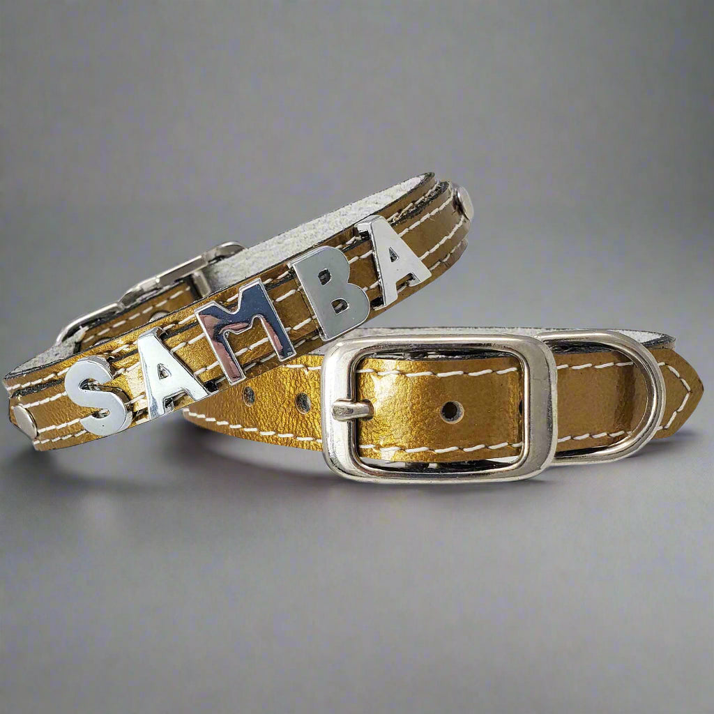 Custom small leather collar with chrome slide letters , perfect for small dog breeds.