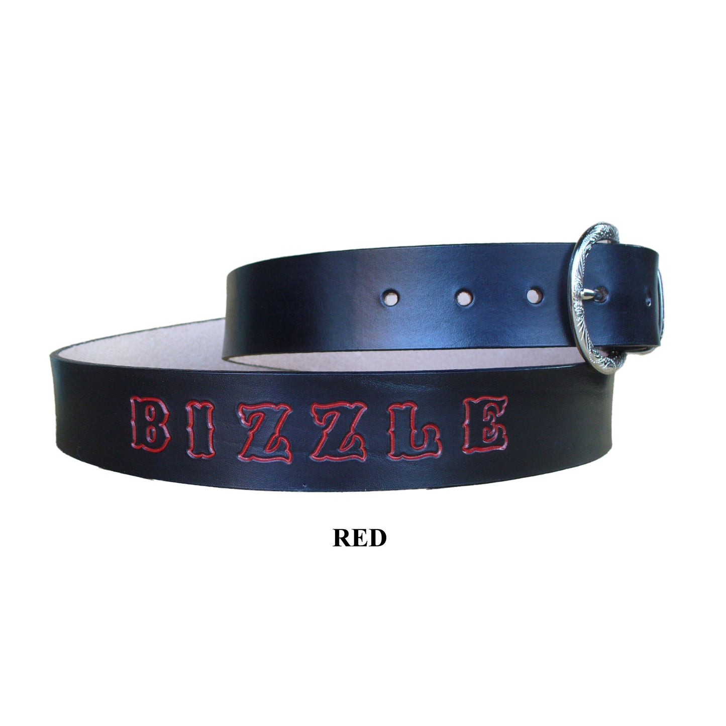 Personalized name leather belt black with block standard letters colored in red