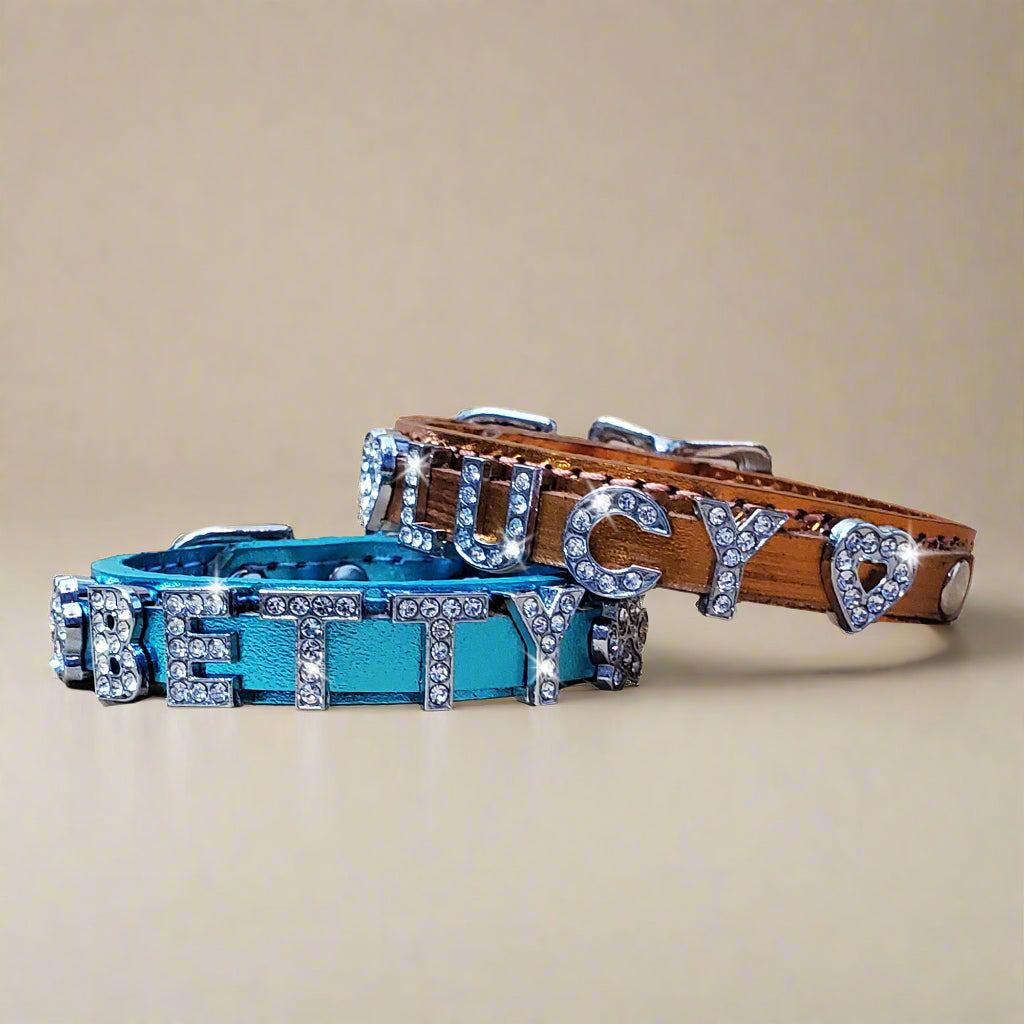 Puppy personalized collar with rhinestone slide letters and a cute heart charm, blending style and functionality.