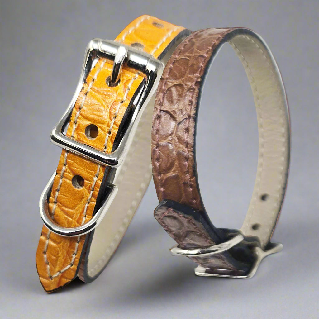 Leather puppy collar made from Croco leather with delicate stitching, adding a touch of style to a young pup’s look