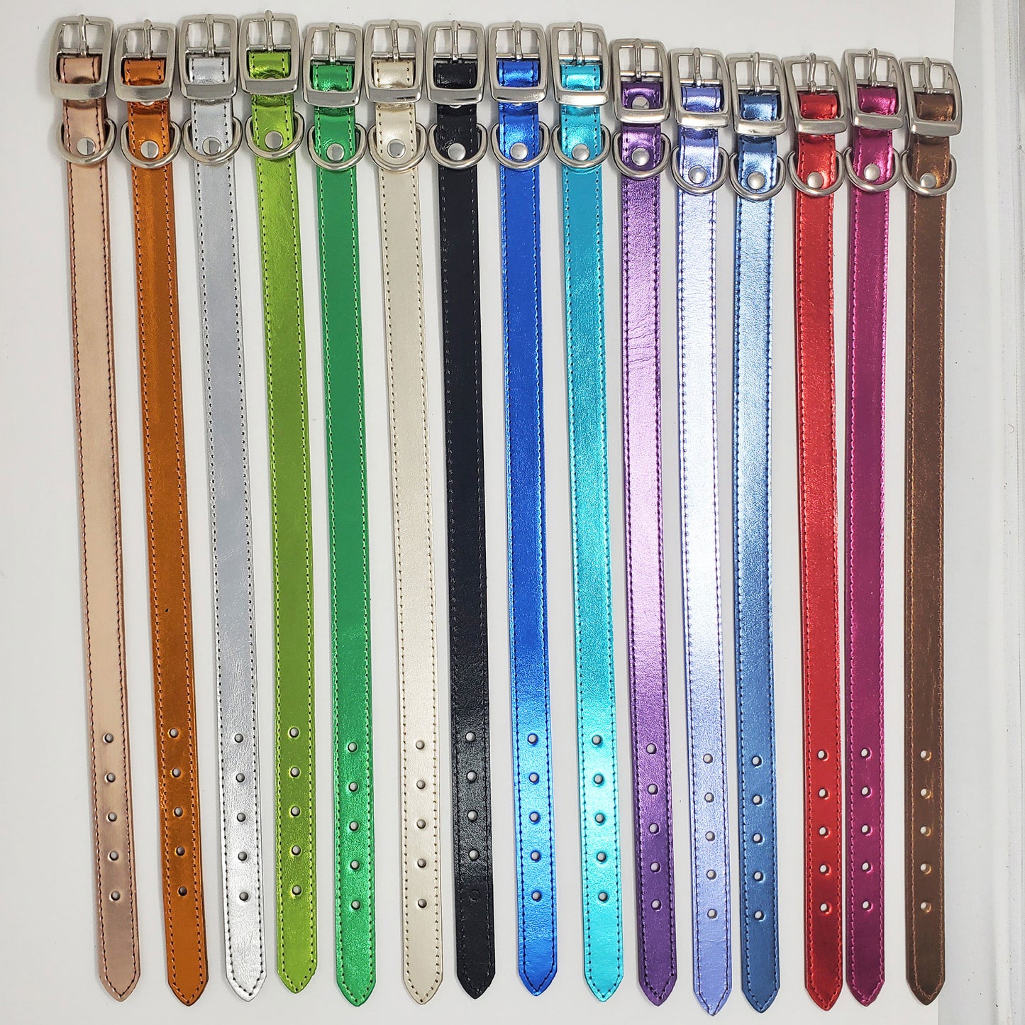 Adjustable Small Metallic Leather Dog Collars in more than 15 bright leather colors