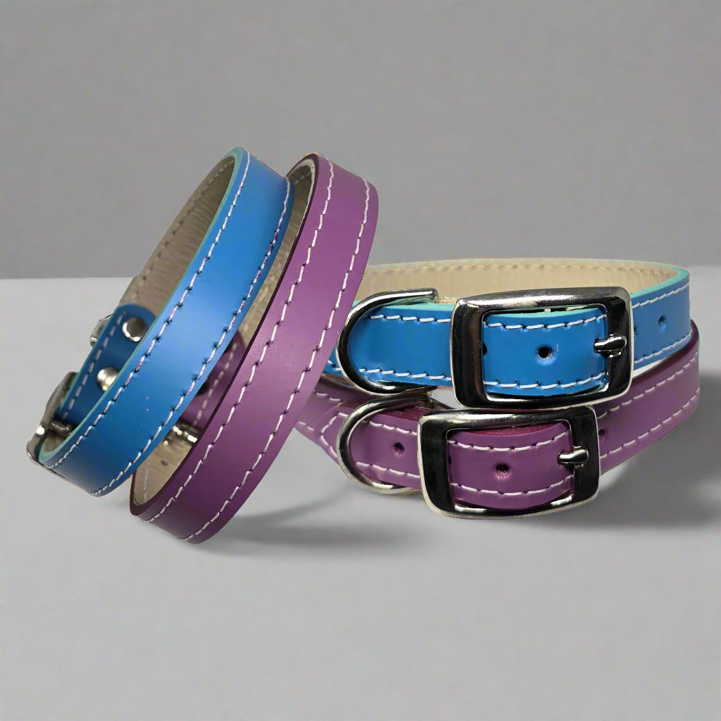 Handcrafted designer latigo leather collars for small dog in many beautiful leather colors