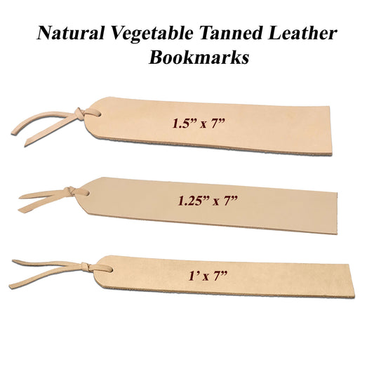 Genuine vegetable tanned leather bookmarks in natural tan with smooth surface, engraving safe and ready for stamping, tooling, painting, or laser engraving.