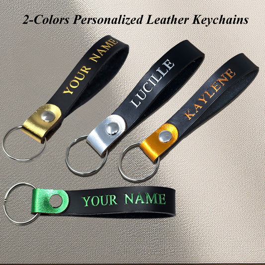 Personalized Leather Keychain – Custom Name Keyring Gift-Metallic Leather Loops