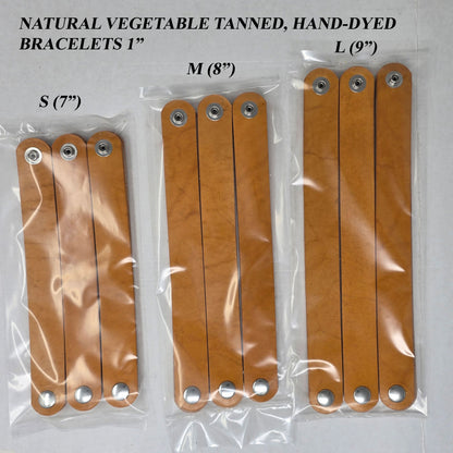 Tan Leather bracelet blank with attached snaps, finished for wearable wristbands, ready for gift giving or artisan markets.