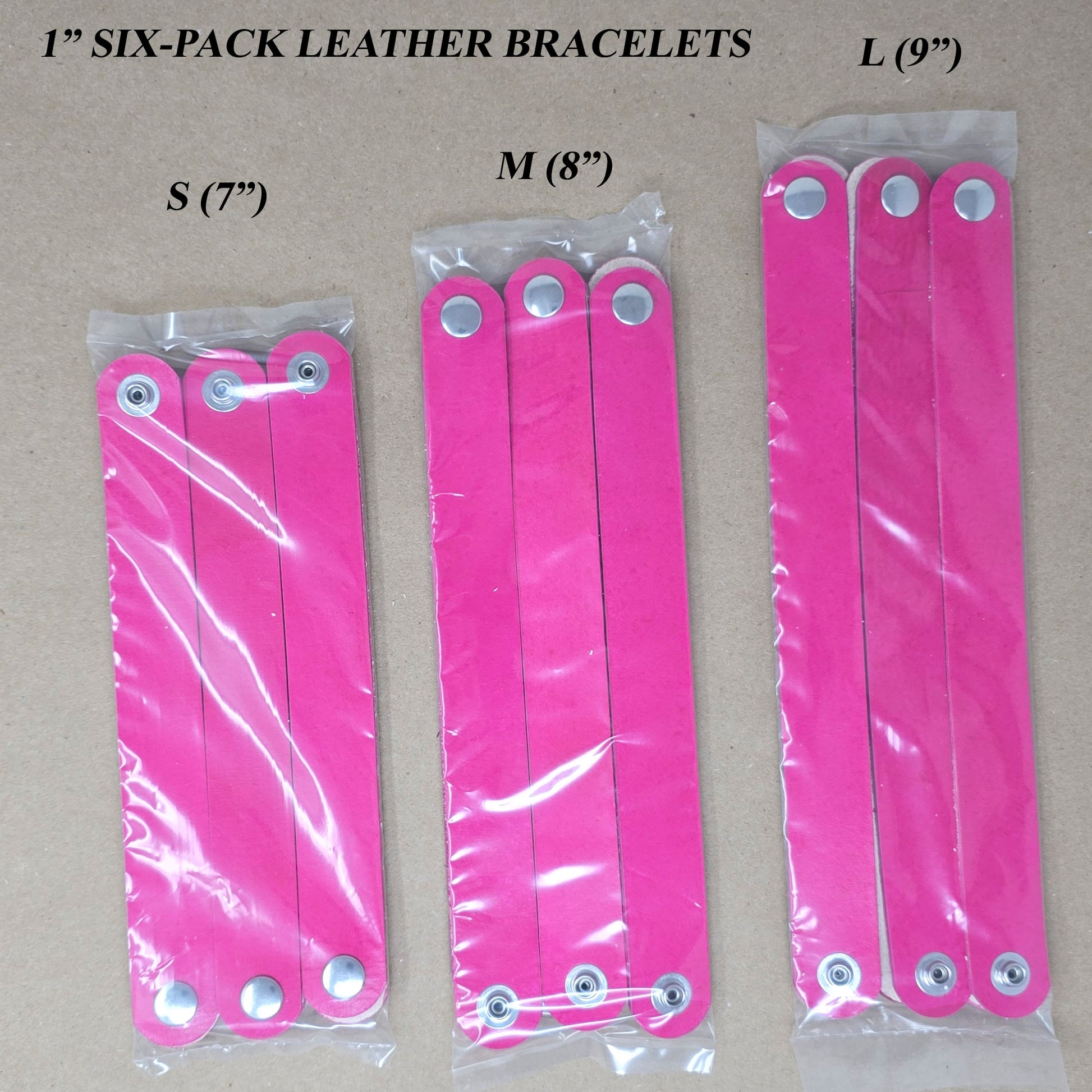 Set of 6 leather cuffs in hot pink color, displayed in all three sizes, perfect for gifting, crafts, or event kits.