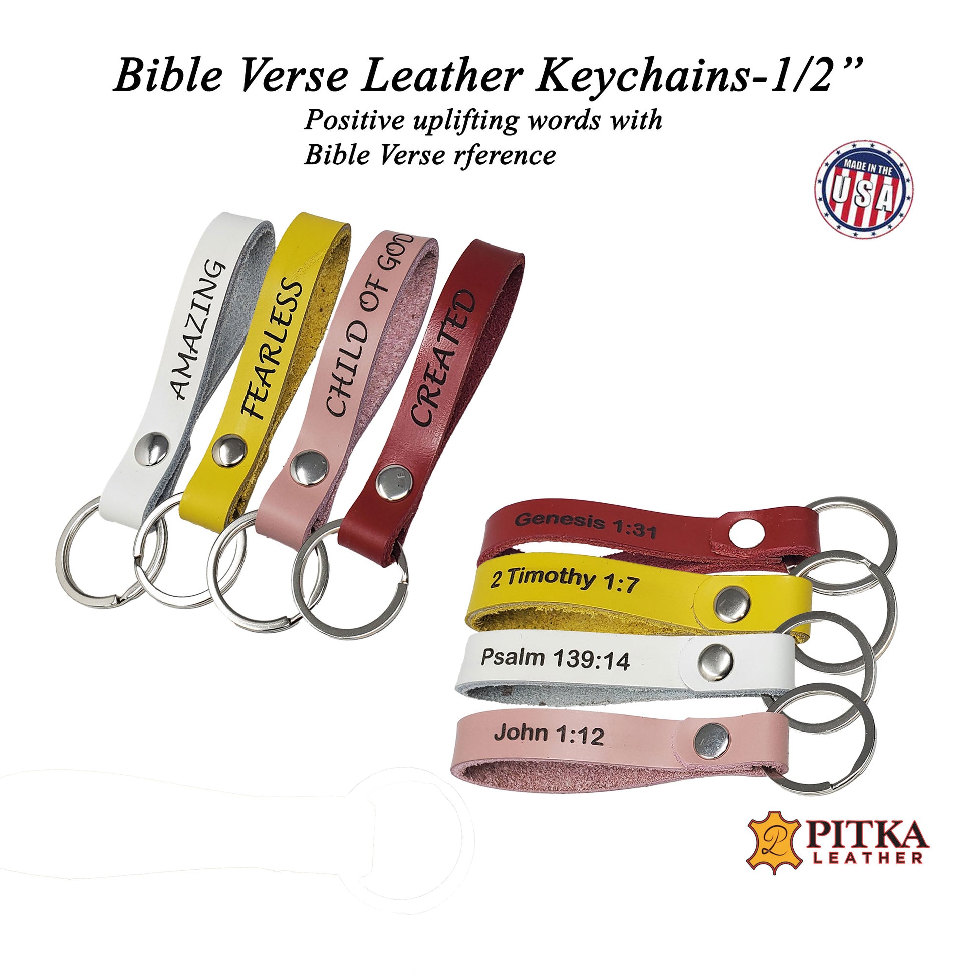 Engraved keychains with uplifting words on the front and reference number on the back.
