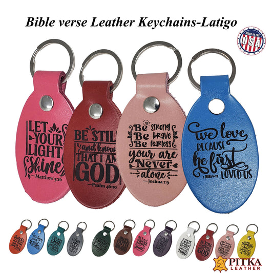 Oval shape leather keychains laser engraved with selected bible verse
