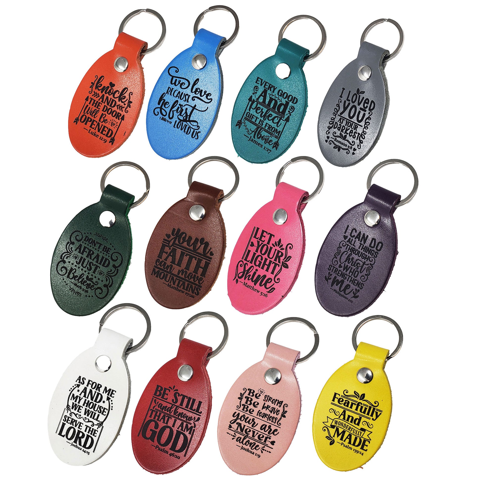 Oval leather keyrings in 12 colors laser engraved with chosen bible verses