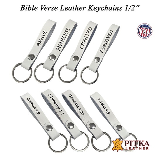 White Leather lkeychains 1-2 inch laser engraved with uplifting words