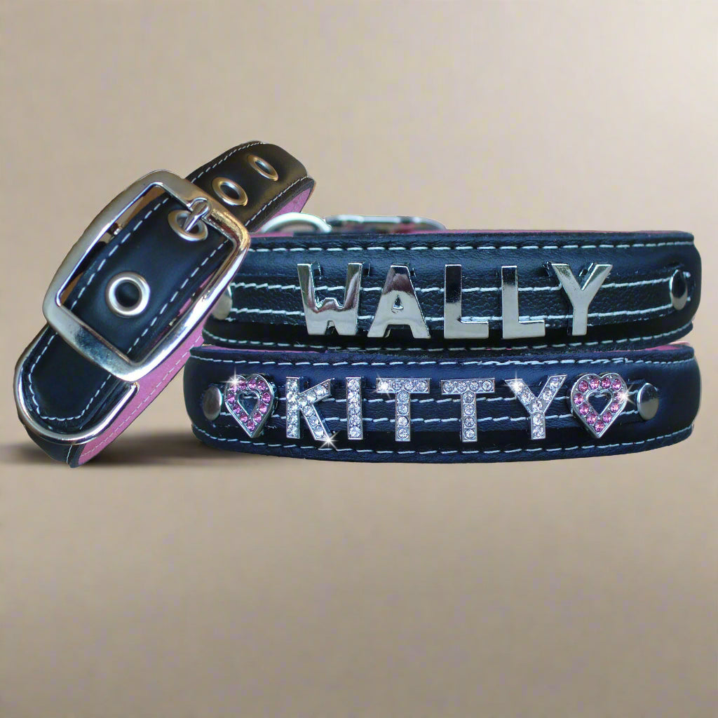 Black Leather dog collars featuring personalization with slide letters and charms, designed for large dogs.