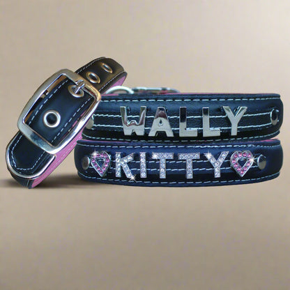 Black Leather dog collars featuring personalization with slide letters and charms, designed for large dogs.