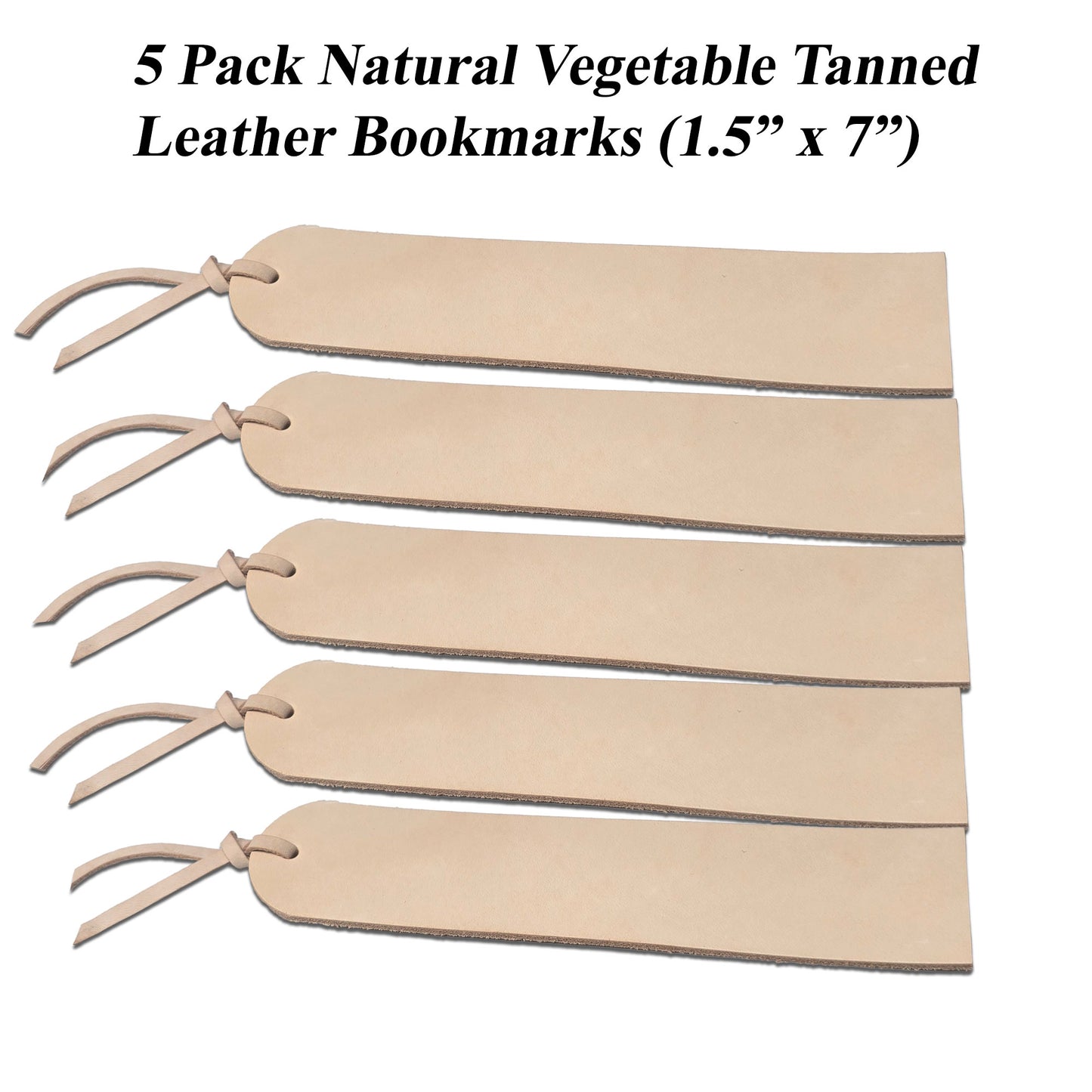 Five natural vegetable tanned leather bookmarks 1.5" x 7" on a white background ready to be p[ersonalized