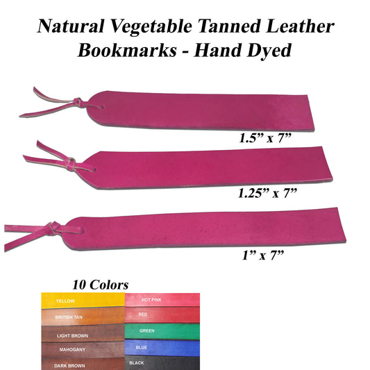 Genuine vegetable tanned leather bookmarks available in 10 colors with smooth engraving safe surface, ready for stamping, tooling, painting, or laser engraving custom designs.