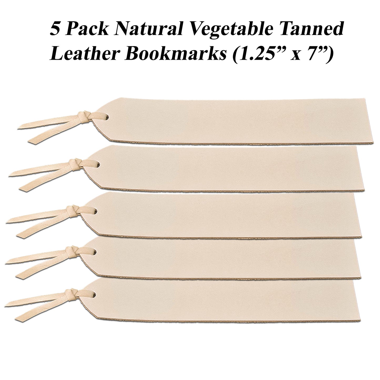Five natural vegetable tanned leather bookmarks on a white background with text indicating size and quantity.