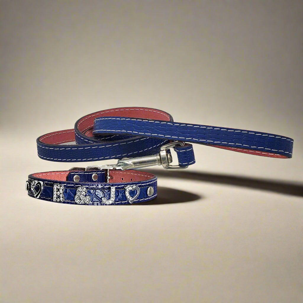 Blue leather dog collar for small dogs personalized with rhinestones name and matched with a lead in same color