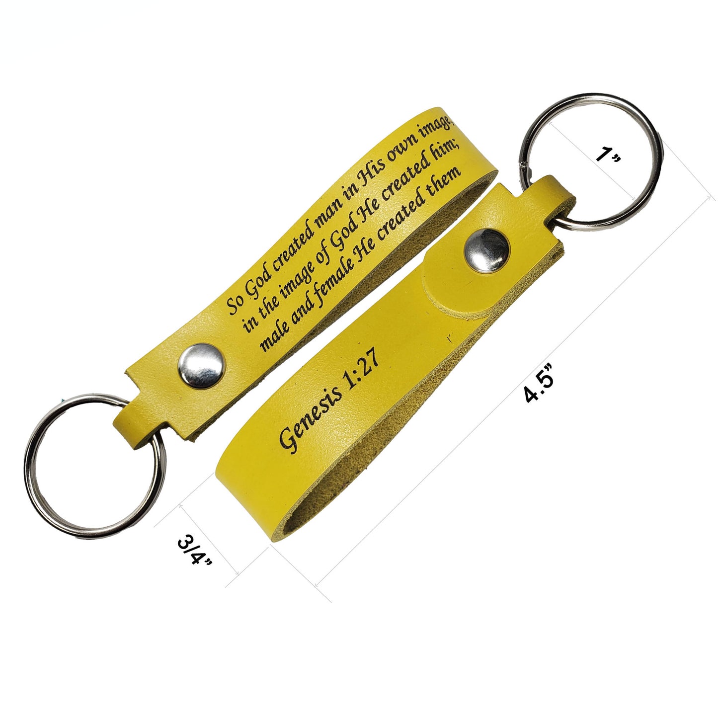 Leather keychains laser engraved measures including length, width and split ring.