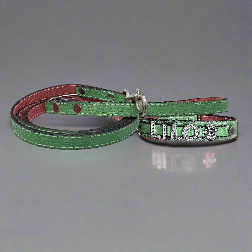 Small green leather dog collars personalized with name in rhinestone letters and matching leather leash