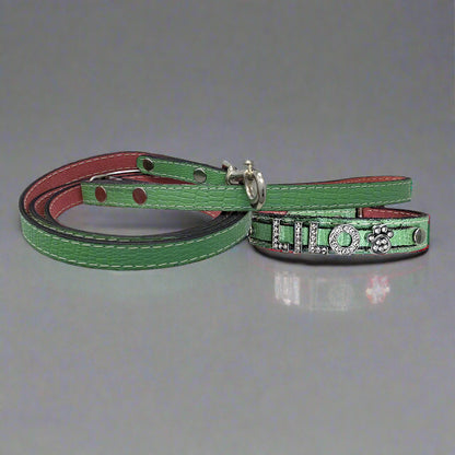 Small green leather dog collars personalized with name in rhinestone letters and matching leather leash