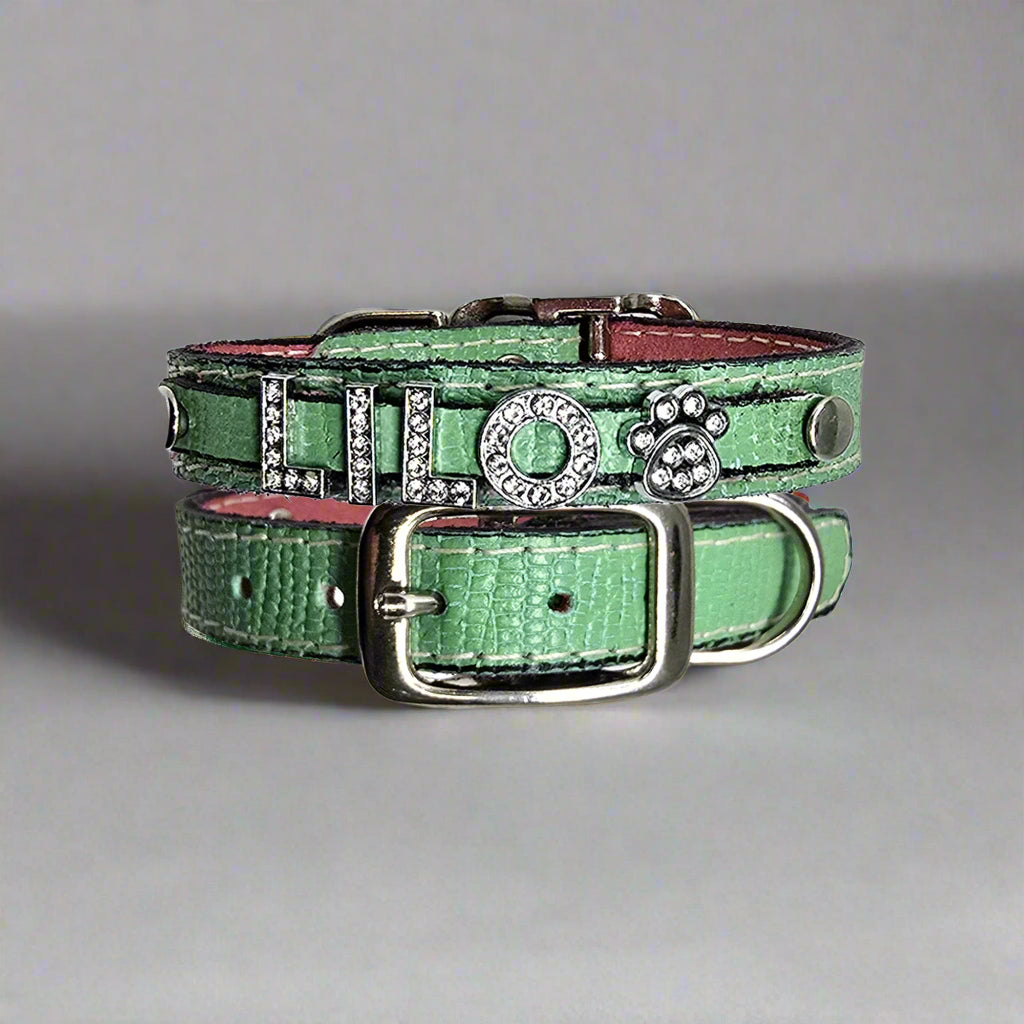 Green dog collar personalized with rhinestone names for small dogs