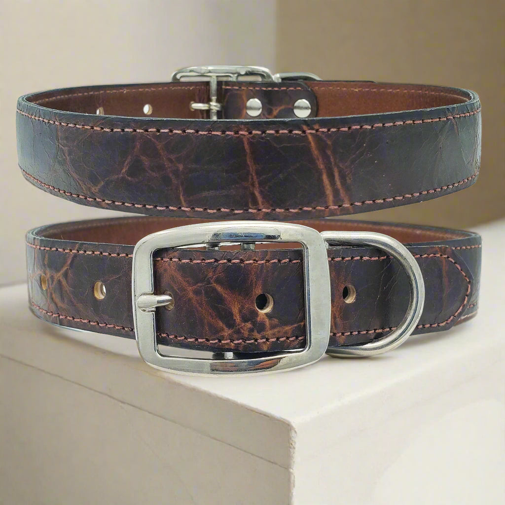 Sturdy brown distressed leather dog collar for large dogs, showcasing premium leather and adjustable fit
