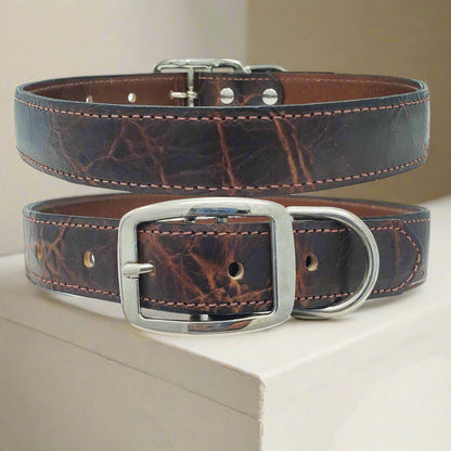Sturdy brown distressed leather dog collar for large dogs, showcasing premium leather and adjustable fit