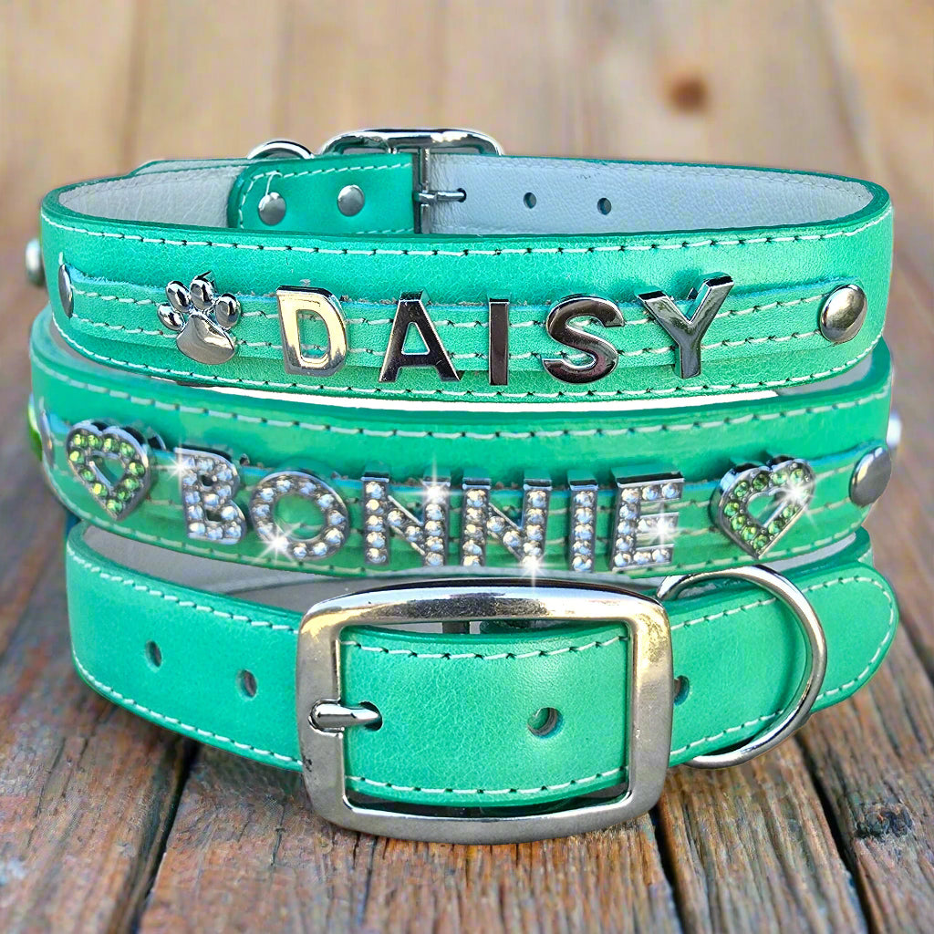 Large leather dog collar in beautiful mint green color, personalized with slide om rhinestones and chrome letters