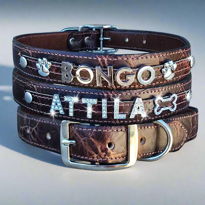 Large dog collars made from quality brown distressed leather with rhinestone slide letters and charms, blending style and functionality